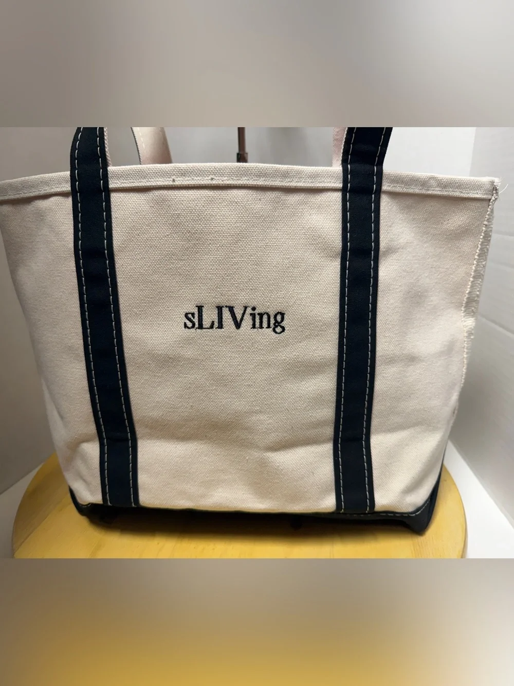 L.L. Bean Off White Boat and Tote Custom Cotton Canvas Bag Black Long Handles
